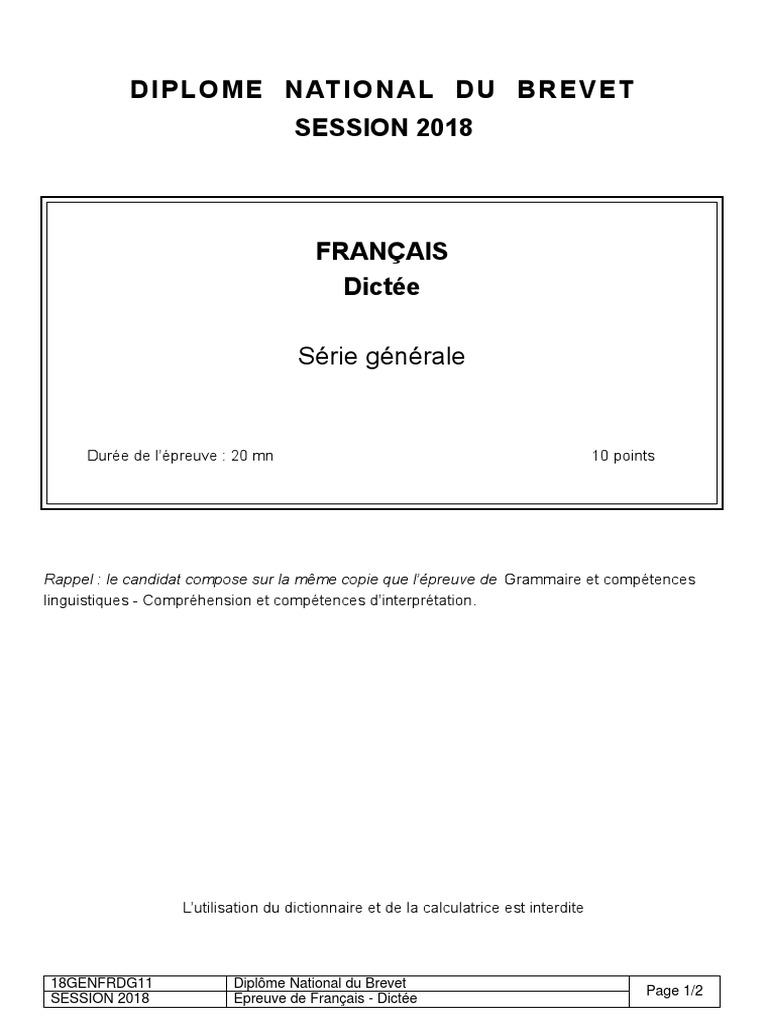 Dnb Liban 2018 Francais Dictee Sujet