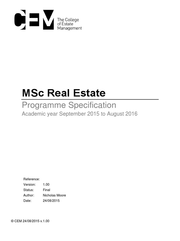 CEM Programme Specification MSC Real Estate PDF Real Estate