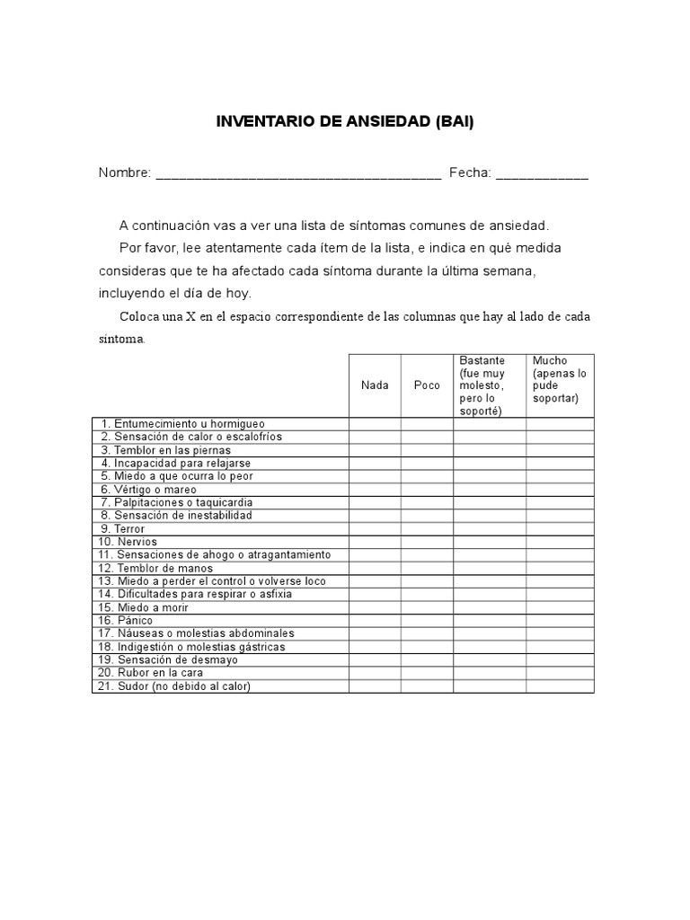 Inventario de Ansiedad de Beck (BAI) Medicina CLINICA Enfermedades y trastornos