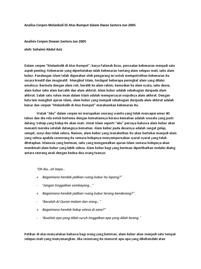 Analisa Cerpen Melankoli Di Atas Rumput Dalam Dwan Sastera Jun 2005 Pdf