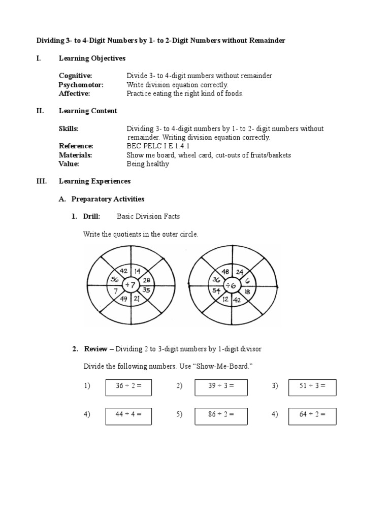 dividing 3 to 4 digit numbers by 1 to 2 digit numbers without remainder pdf division mathematics cognition