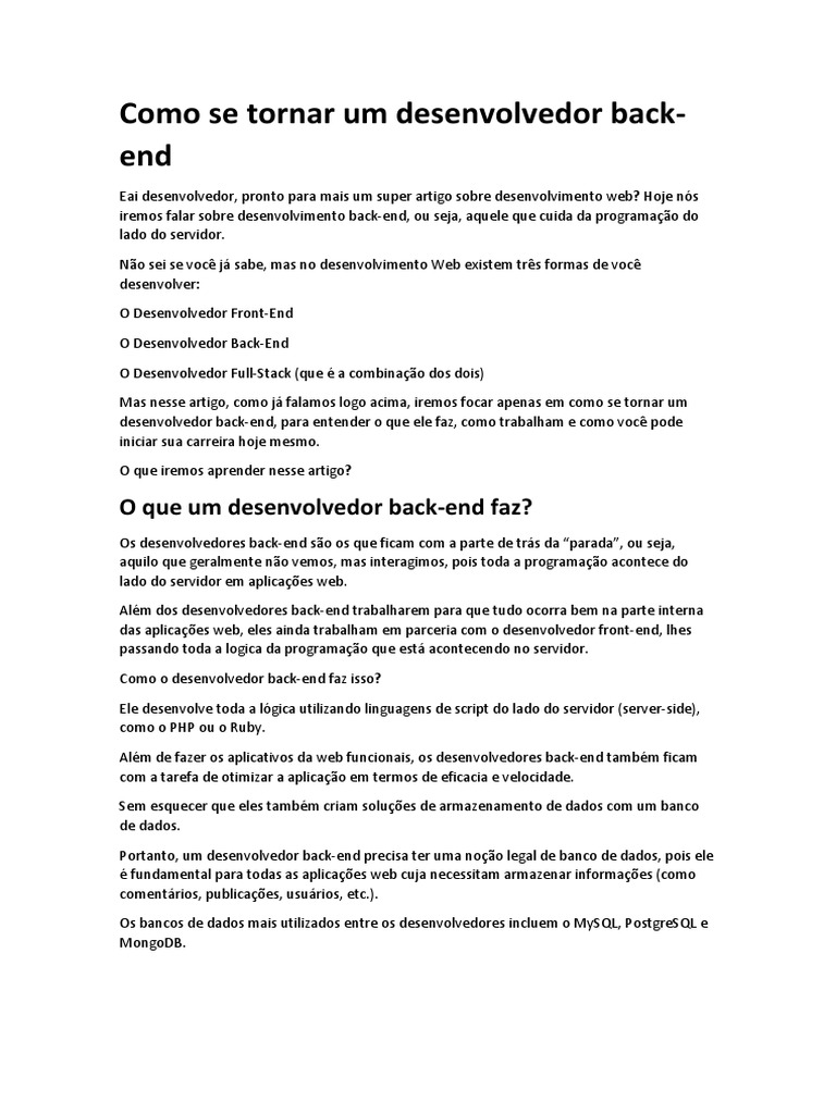 Guia Completo para Desenvolvedor Back-End | PDF | Front-end e back-end ...