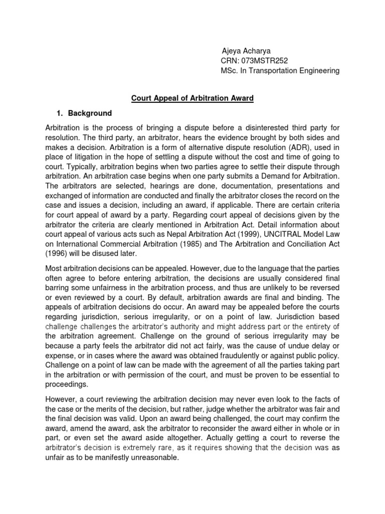 Court Appeal of Arbitration Award PDF Arbitral Tribunal Arbitration