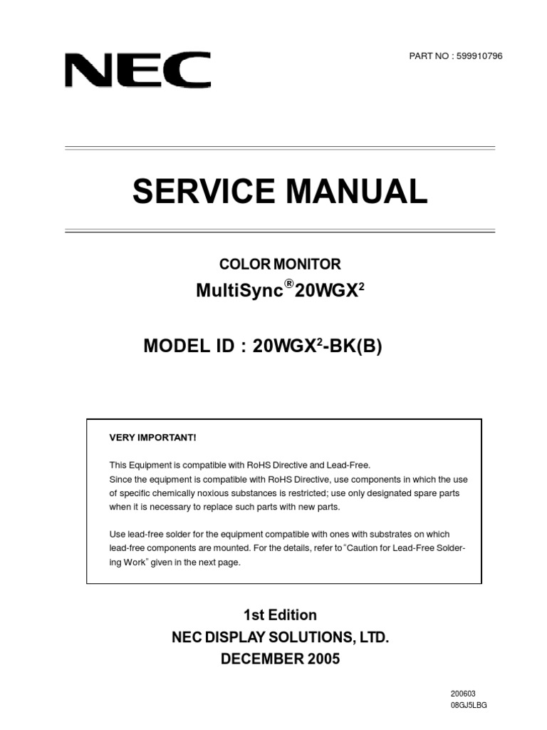 SERVICE MANUAL COLOR MONITOR NEC MultiSync 20WGX2 MODEL ID : 20WGX2-BK(B) |  Computer Monitor | Menu (Computing)