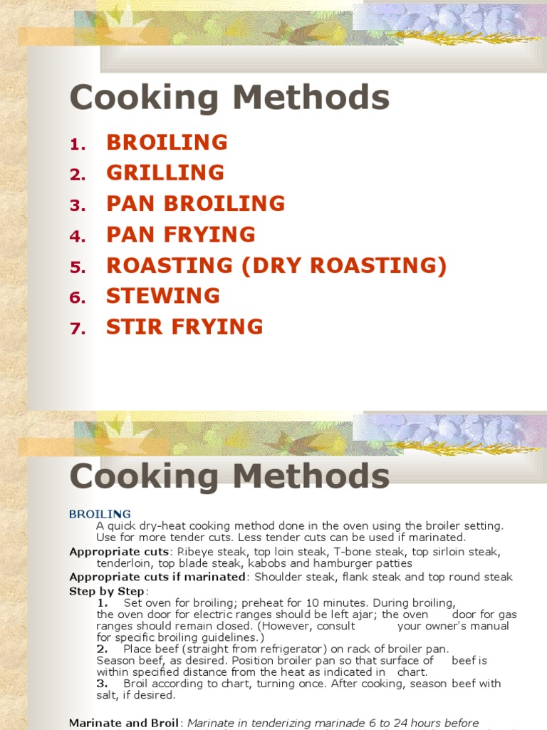 Cooking Methods Broiling Grilling Pan Broiling Pan Frying Roasting