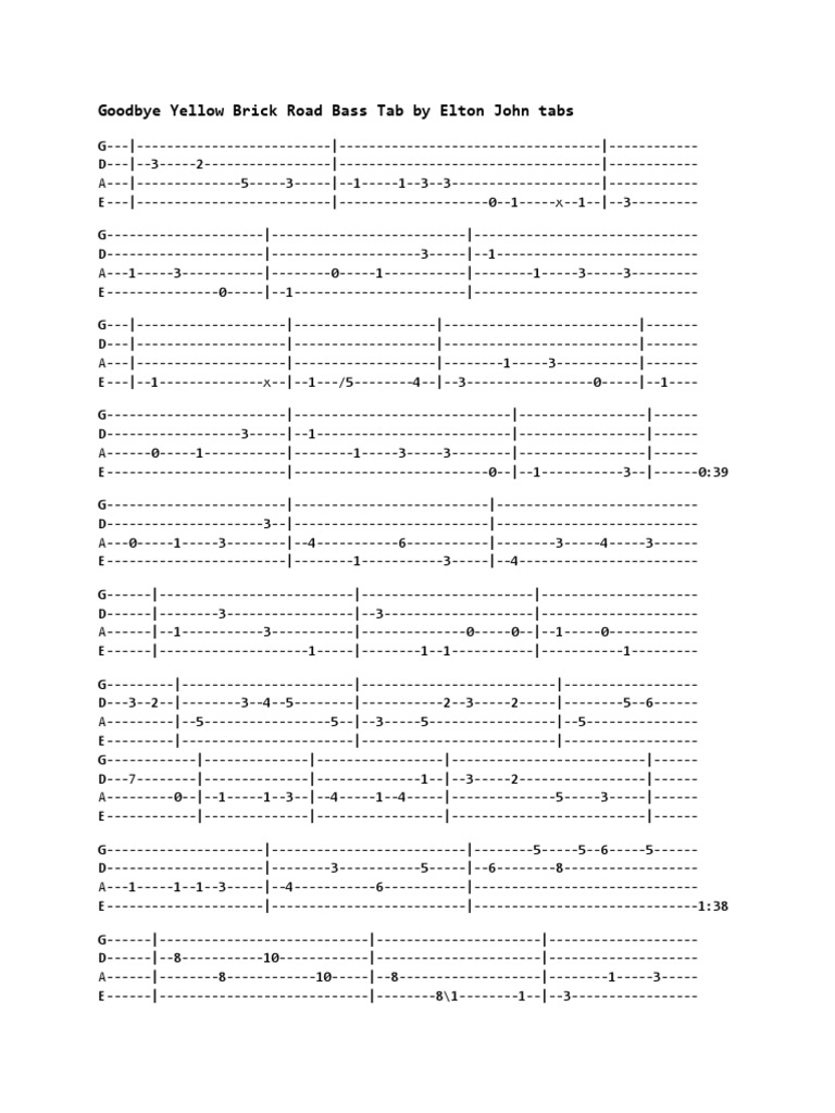 Goodbye Yellow Brick Road Bass Tab PDF