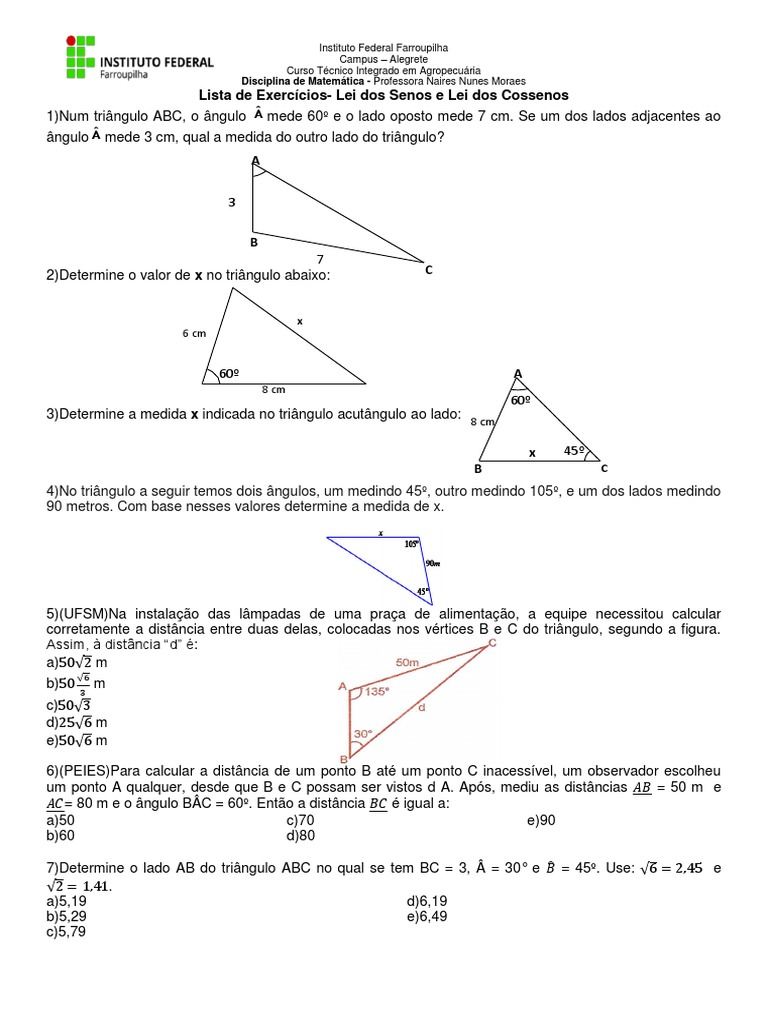 Exercícios: Lei dos Senos e Cossenos | PDF | Triângulo | Geometria