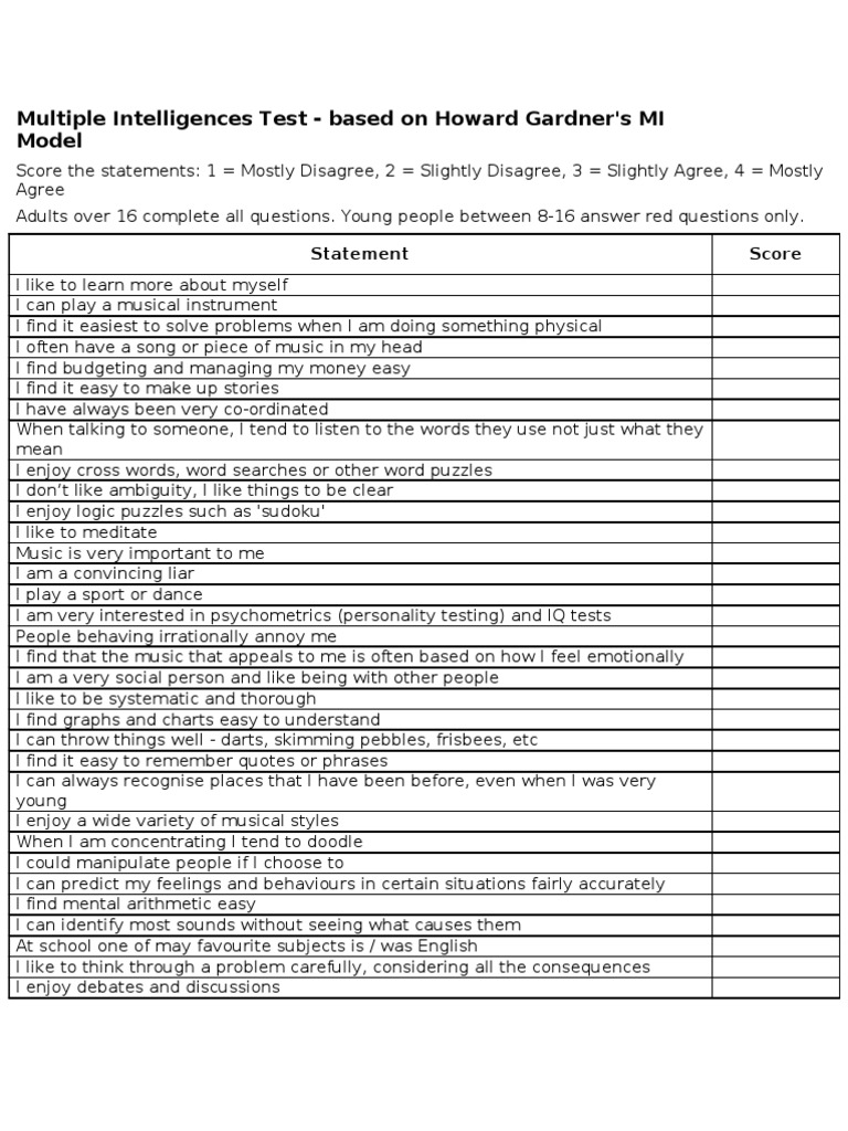 Howard Gardner's Multiple Intelligences Test | PDF | Intelligence ...