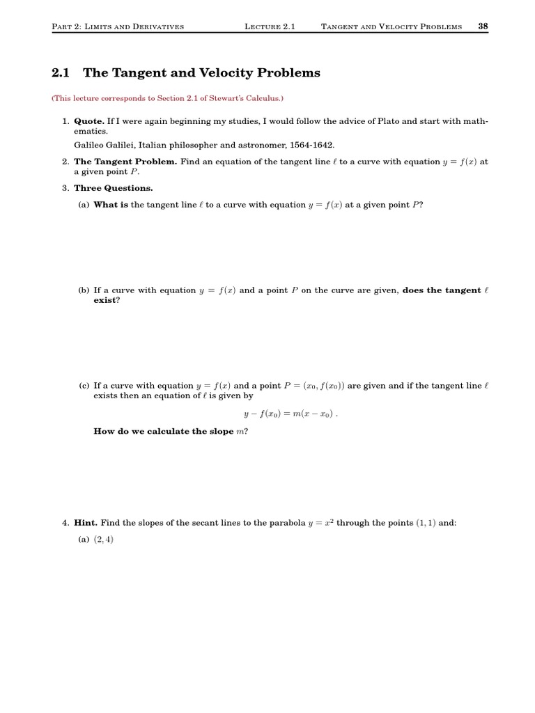 Tangent and Velocity Problems in Calculus | PDF | Derivative ...