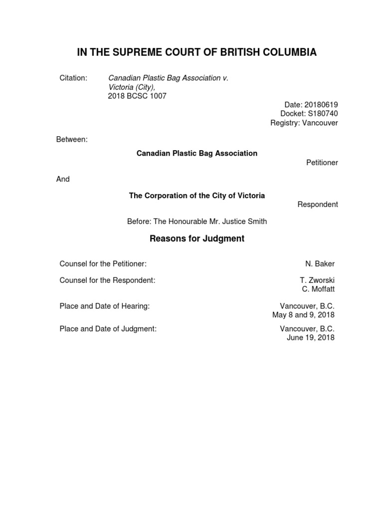 Judge Smith, N., Re Canadian Plastic Bag Association v. Victoria (City