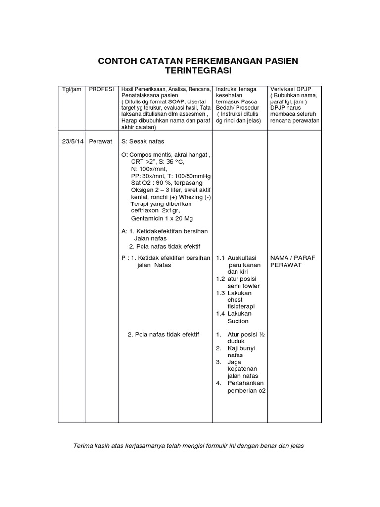 Contoh  Catatan Perkembangan Pasien  Terintegrasi  Contoh  Catatan Perkembangan Pasien  Terintegrasi