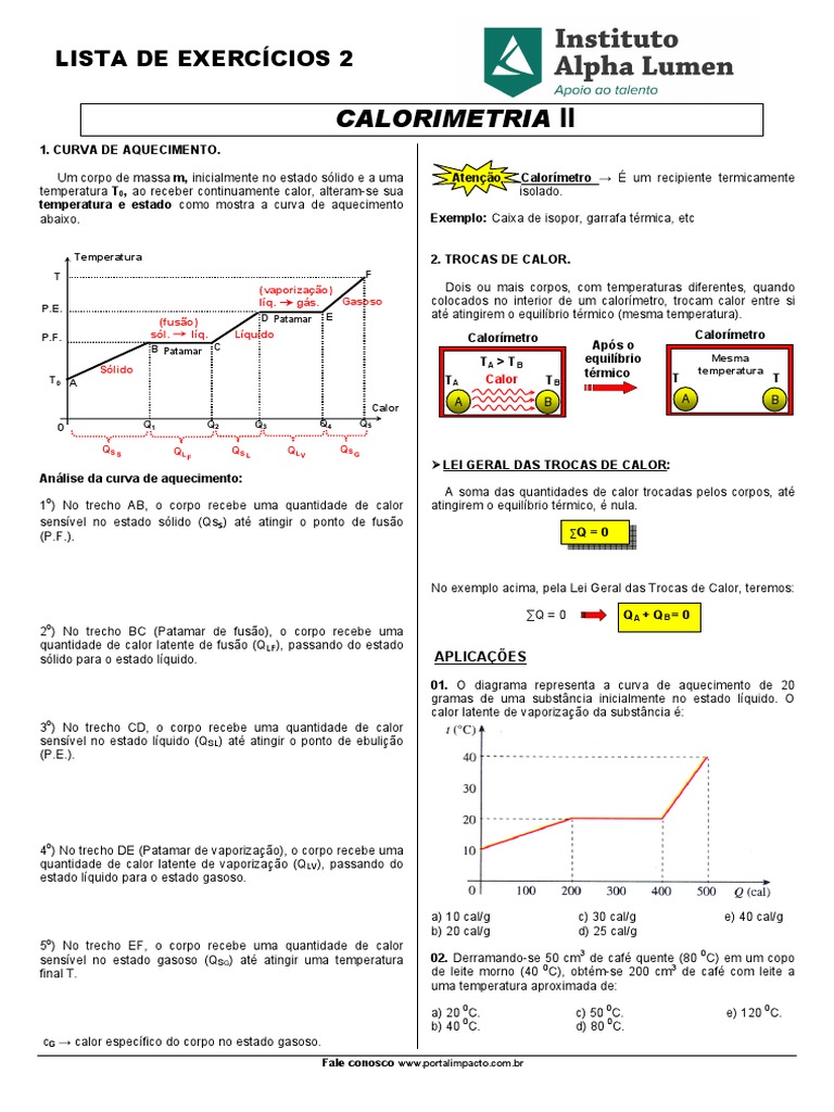 Lista de Calorimetria 2 | Calorimetria | Calor