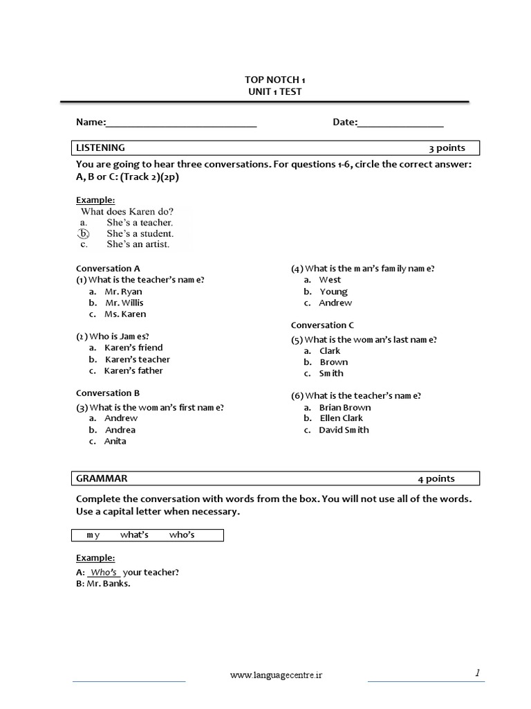 Top Notch 1 Unit 1 Test WWW Languagecentre.ir PDF Colombia