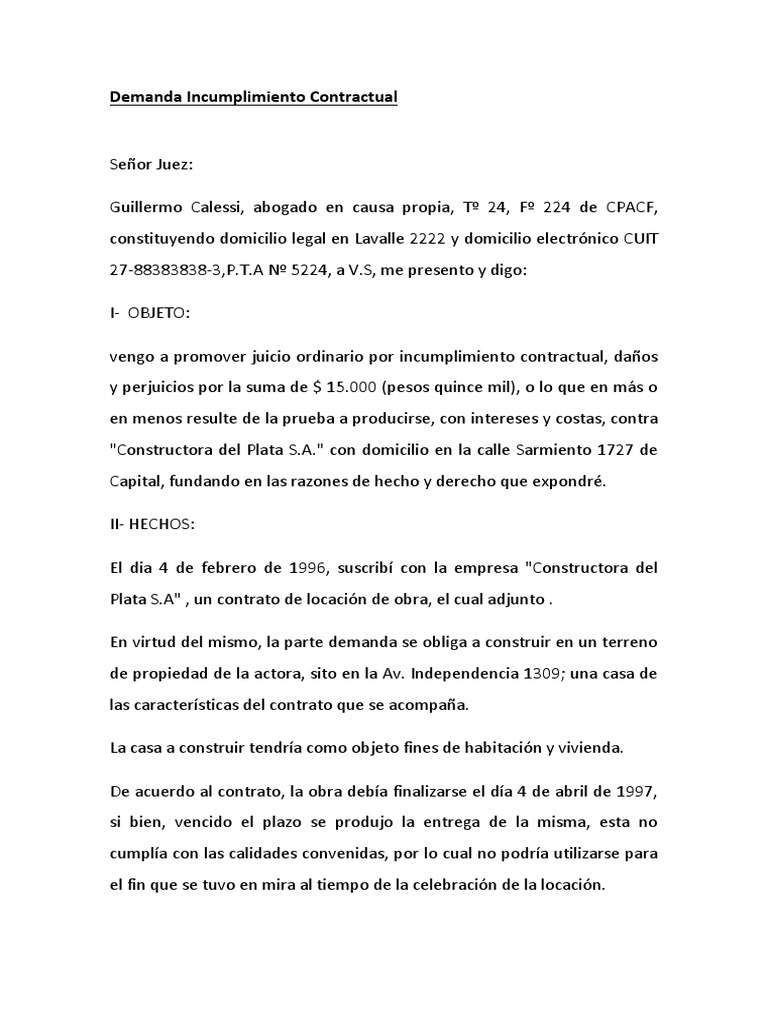 Demanda Por Incumplimiento Contractual | PDF | Demanda judicial |  Información del gobierno