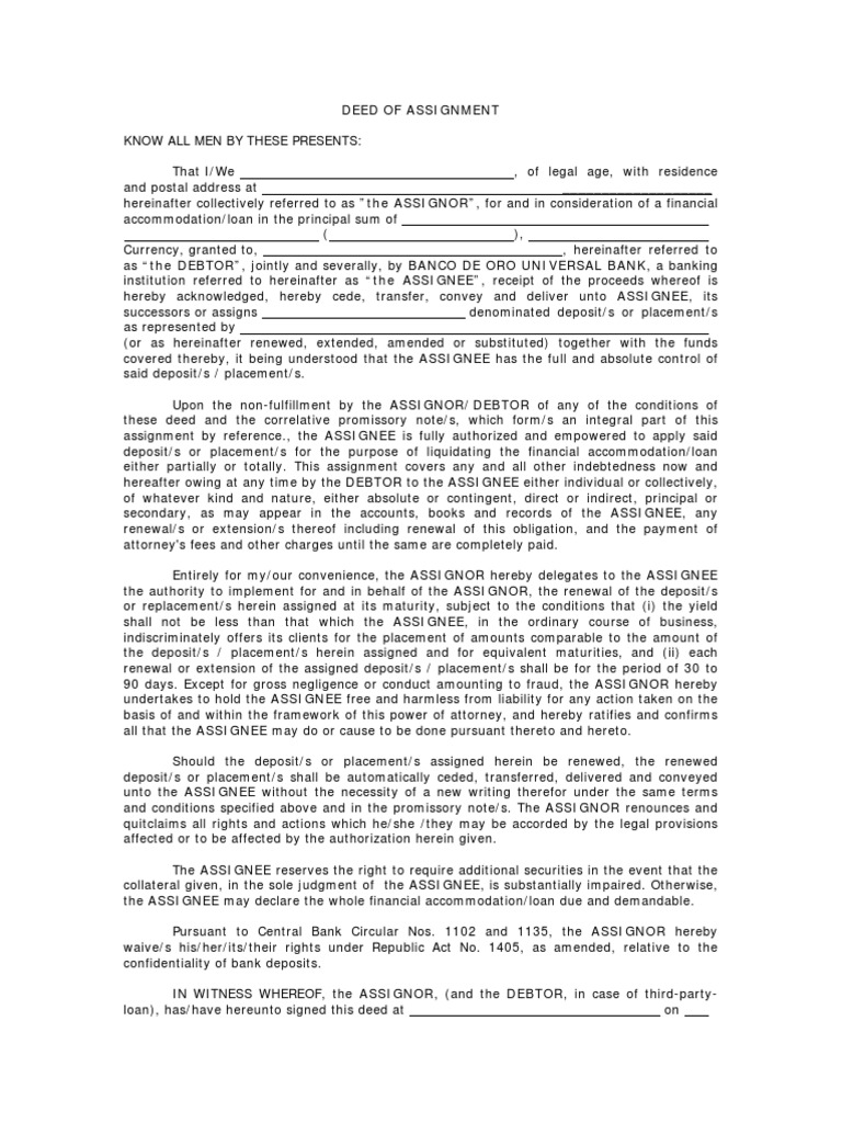 Deed of Assignment - Bank Sample Form PDF | PDF | Assignment (Law ...