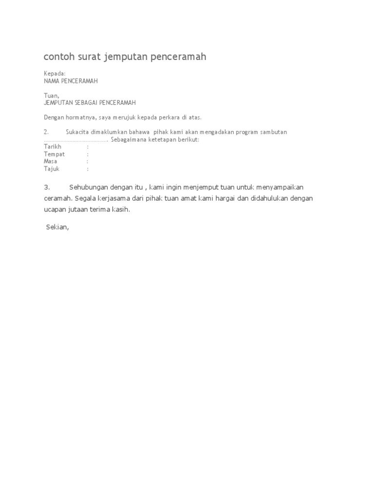 Contoh Surat Jemputan Penceramah