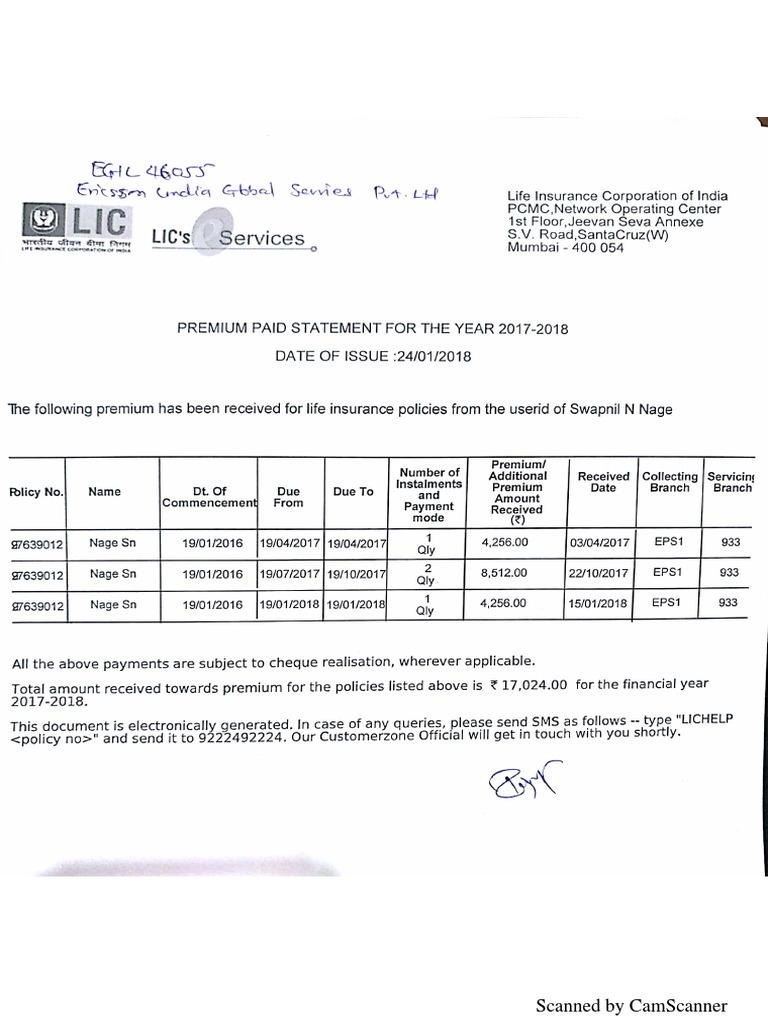 Lic Premium Receipt PDF