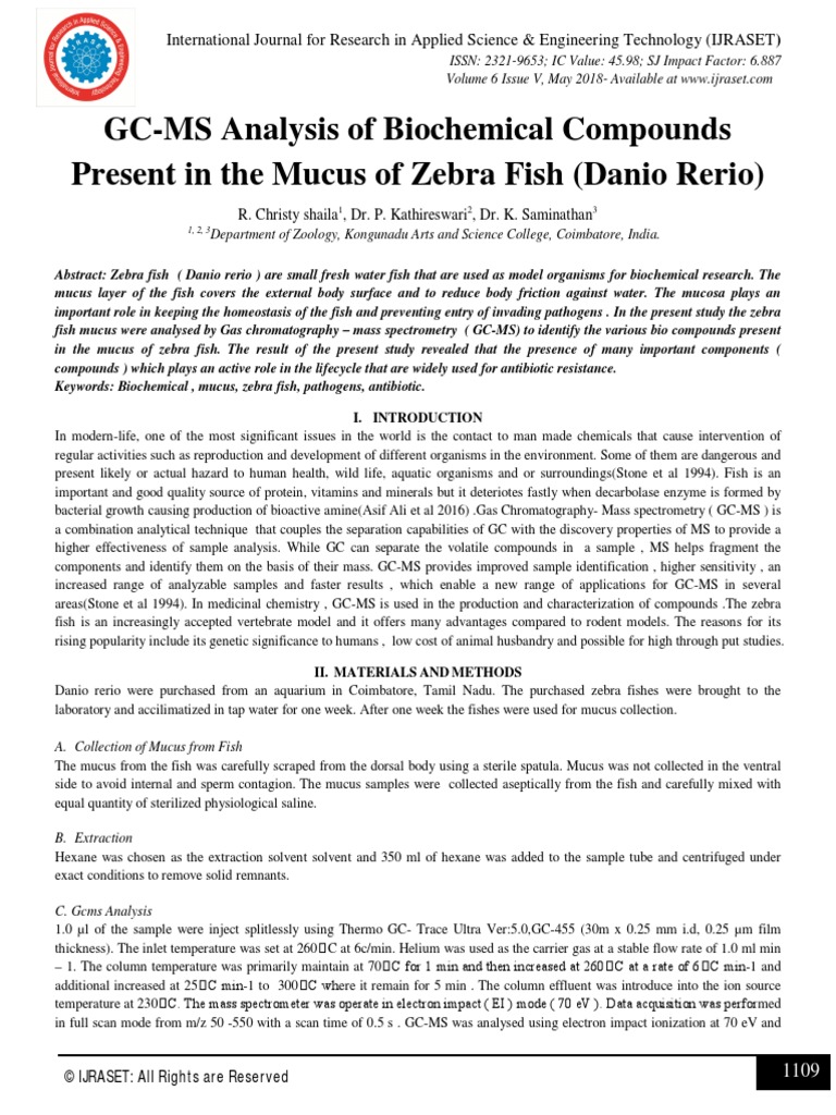 GCMS Analysis of Biochemical Compounds Present in The Mucus of Zebra