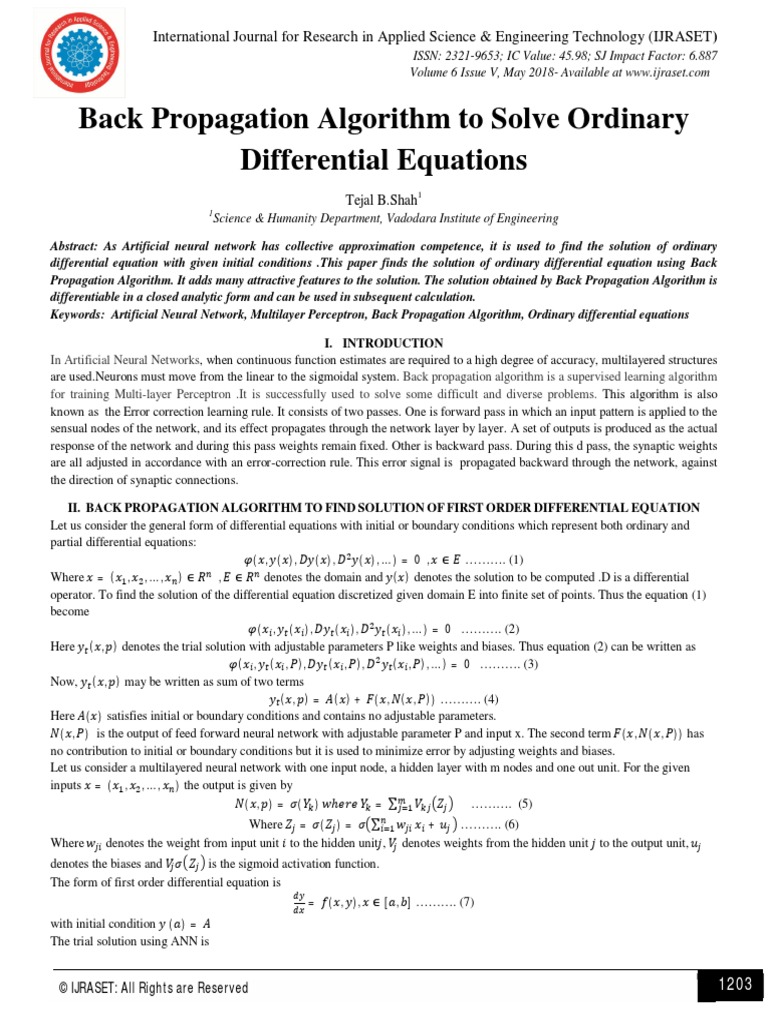 Back Propagation Algorithm To Solve Ordinary Differential Equations ...