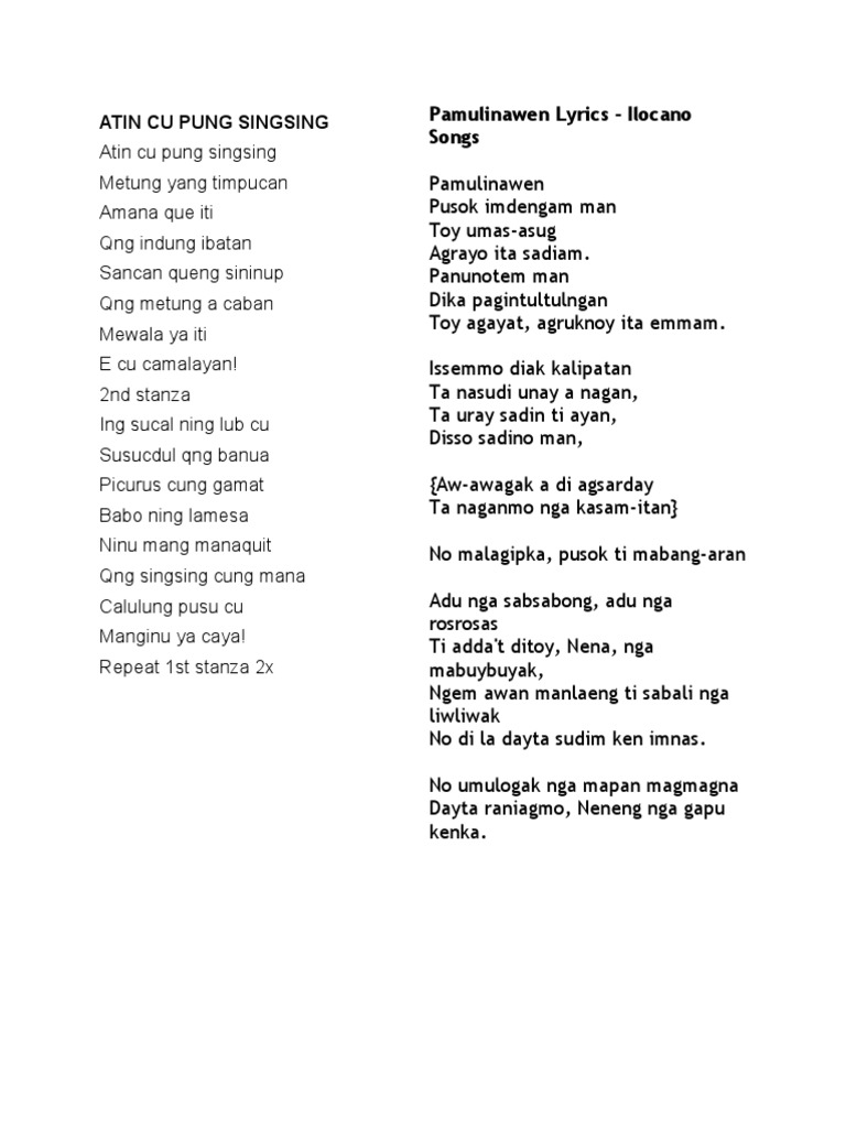 Atin Cu Pung Singsing Lyrics Tagalog