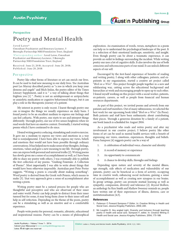 Poetry and Mental Health Austin Psychiatry PDF Psychiatry Poetry