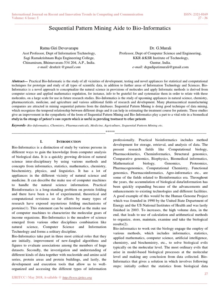 Sequential Pattern Mining Aide To Bio-Informatics: Ratna Giri ...