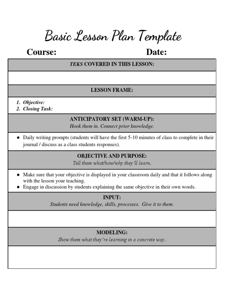 Basic Lesson Plan Template: Course: Date | PDF