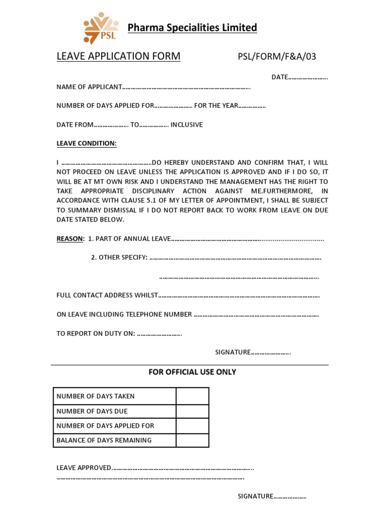 Leave Application Form PSL - Form.f&a.03 | PDF