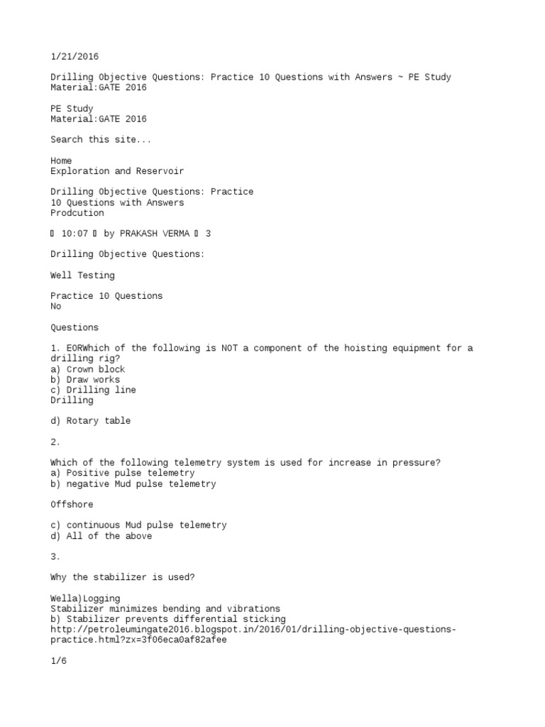 Drilling Objective Questions | PDF | Oil Well | Civil Engineering