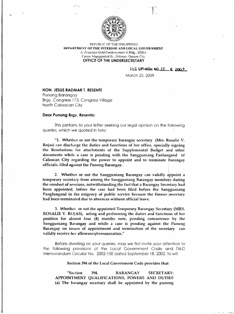 LO017S2009 Appointment Of Barangay Secretary Temporary Appointment PDF