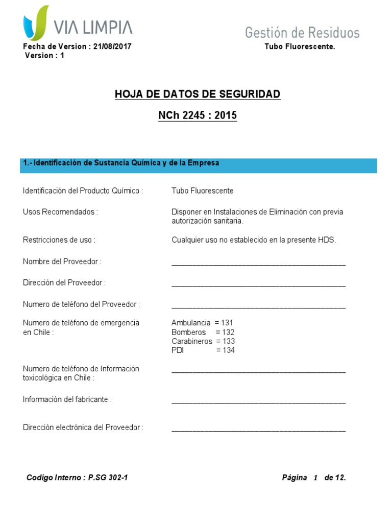 [TITULO] Hoja de Datos de Seguridad para Tubos Fluorescentes PDF