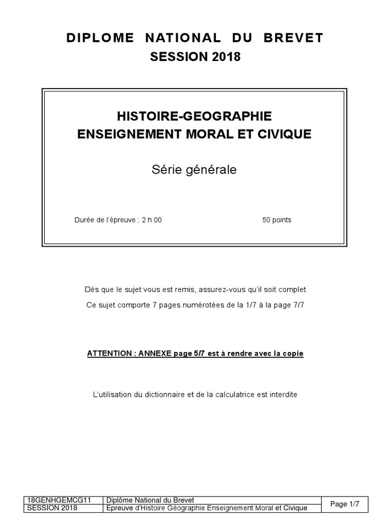 Brevet Blanc Histoire géo Emc 2022 DNB 2018 Histoire-Géo - EMC | PDF | Résistance française | France