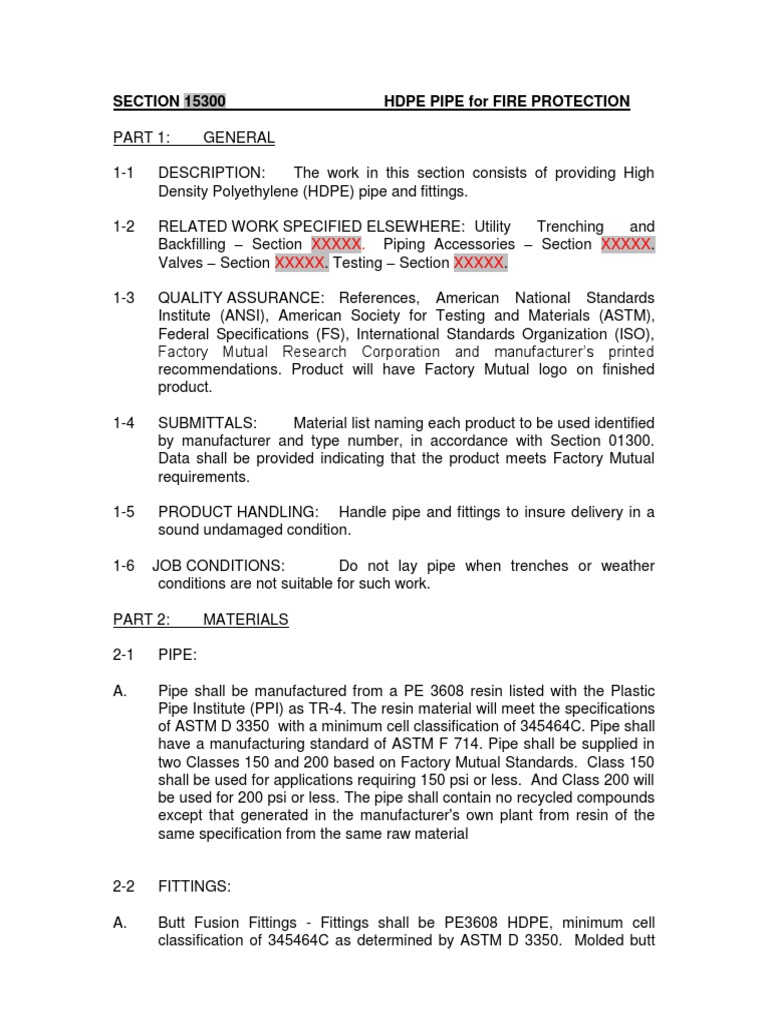 HDPE Pipe Specifications for Fire Protection | PDF | Pipe (Fluid ...