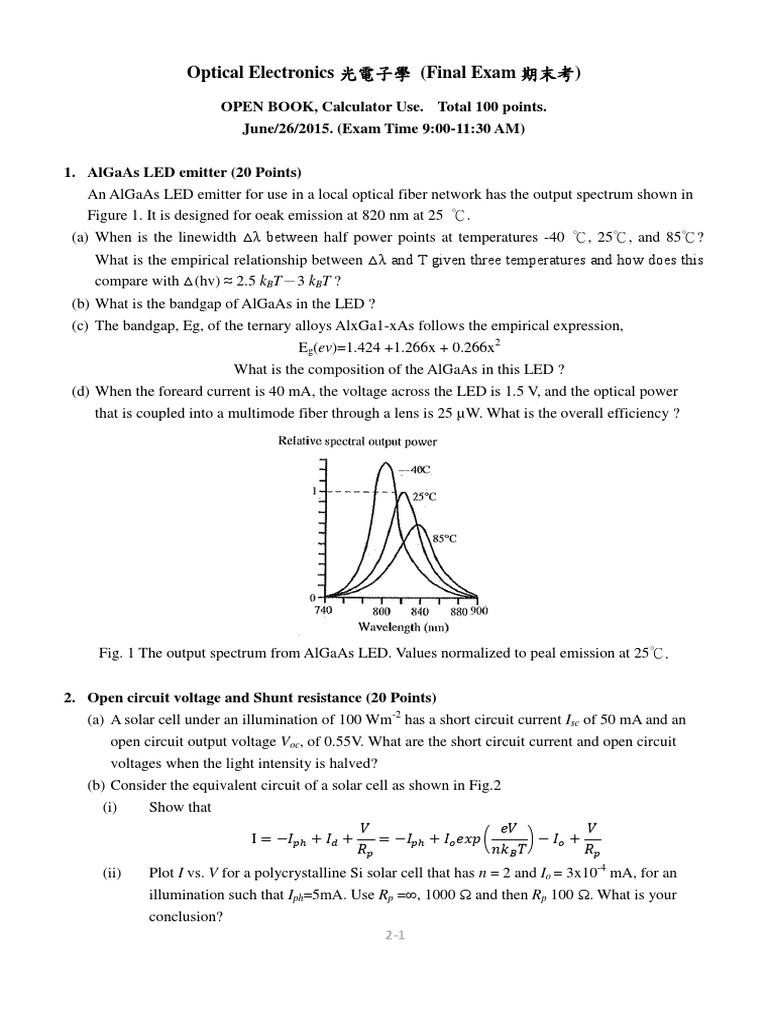 Optical Electronics Final Exam Guide | PDF | Oled | Light Emitting Diode