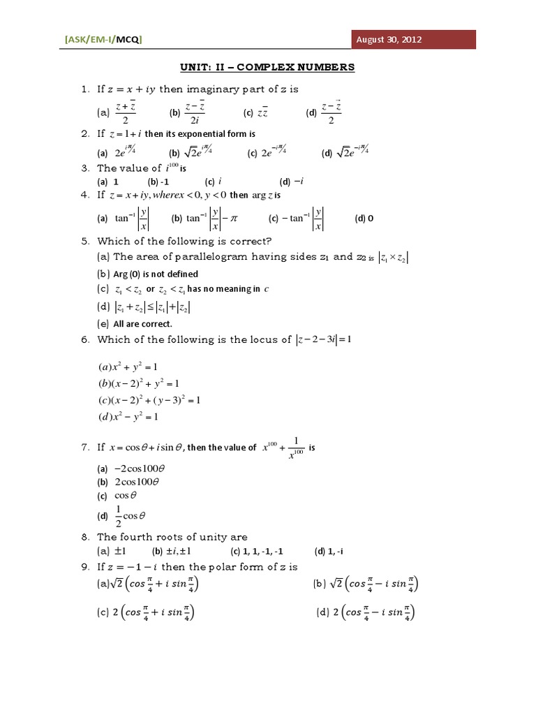 Complex Number Mcq Pdf Mathematical Concepts Complex Analysis