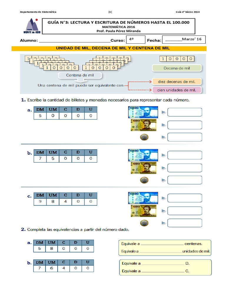 Guía Matemática N°3 - 4° - 1º Sem 2016 NÚMEROS HASTA EL 100.000 PDF | PDF