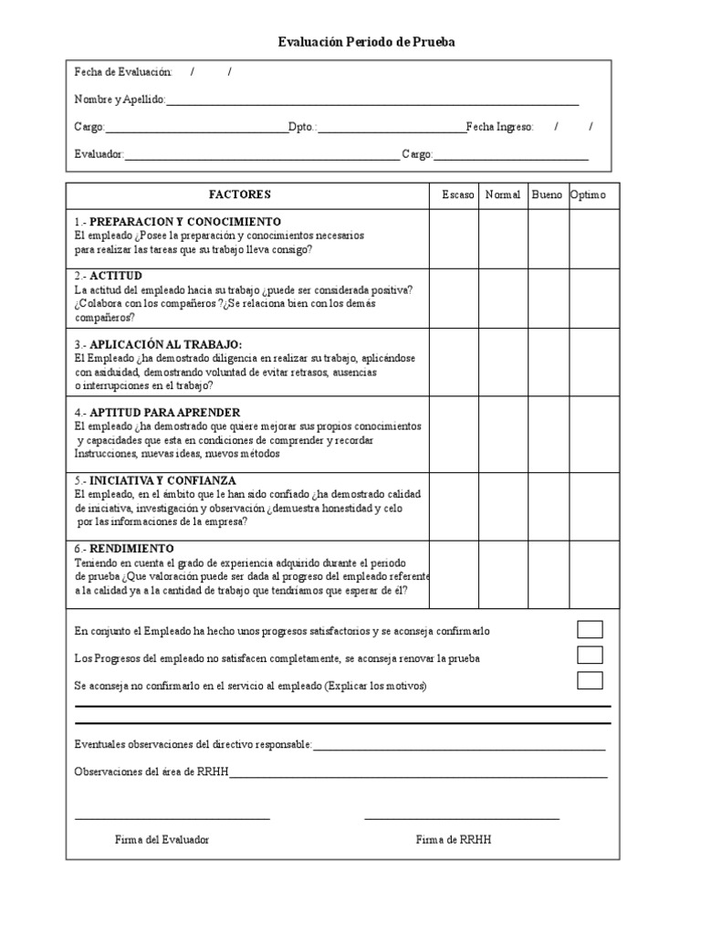 Evaluación Periodo de Prueba | Cognición | Psicología