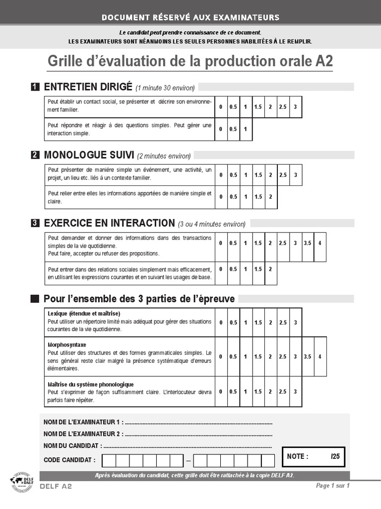 Grille evaluation production orale delf a2 tp pdf sciences