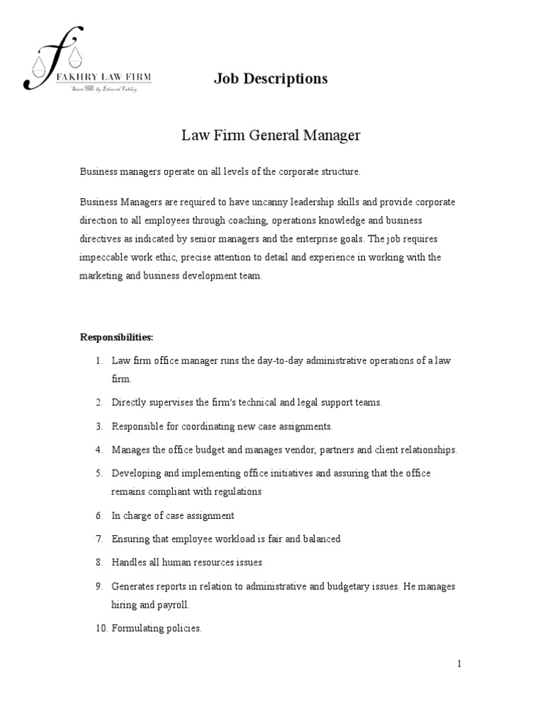 Law Firm General Manager Job Descriptions Download Free PDF