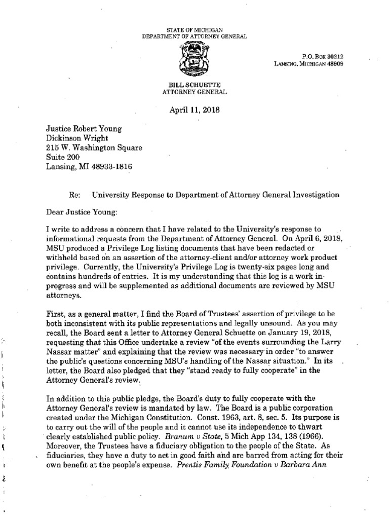 Letters Between AG's Office Special Prosecutor and MSU's General