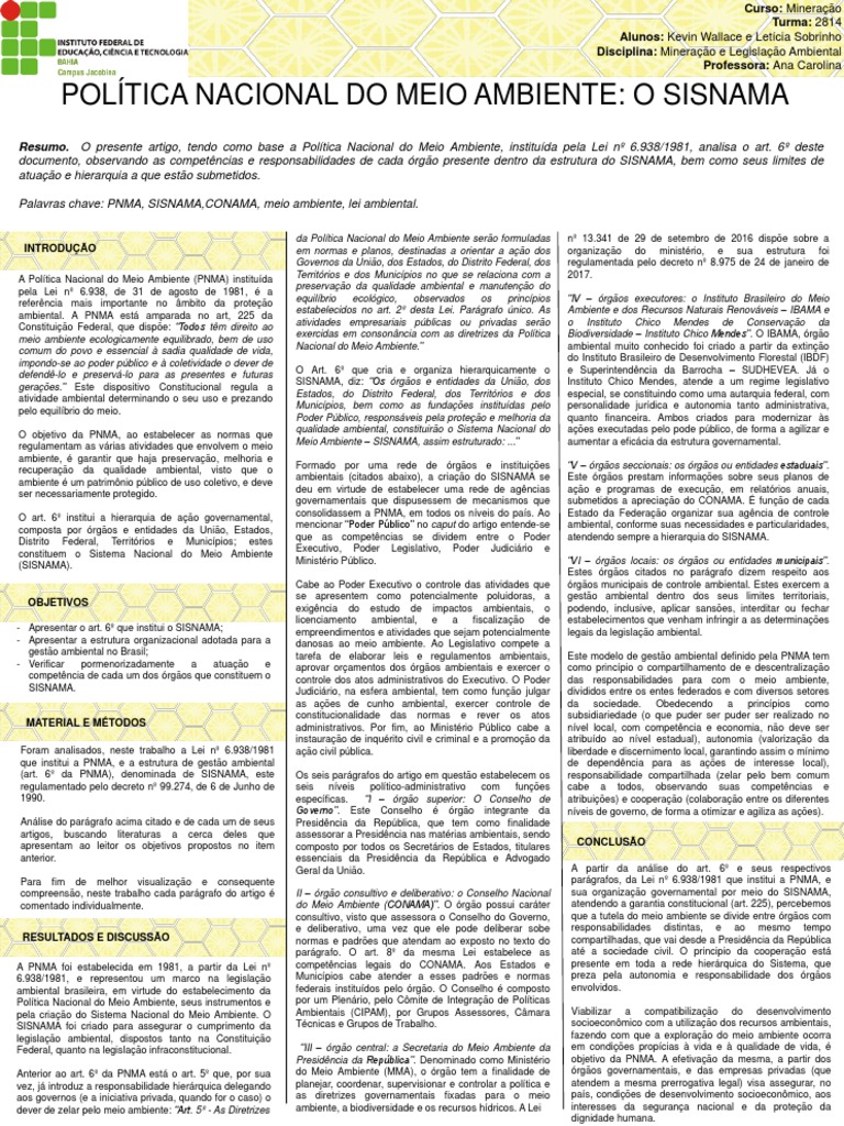 Poster Politica Nacional Do Meio Ambiente - SISNAMA | PDF | Estatuto ...
