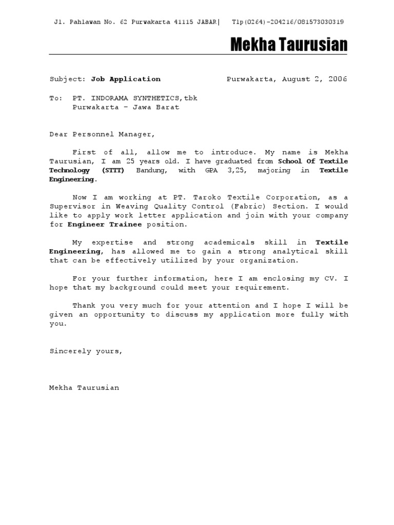 Job Application for Engineer Trainee | PDF | Textiles