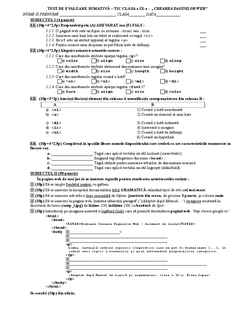 Test Tic Clasa A Ix-A - Crearea Paginilor Web | PDF