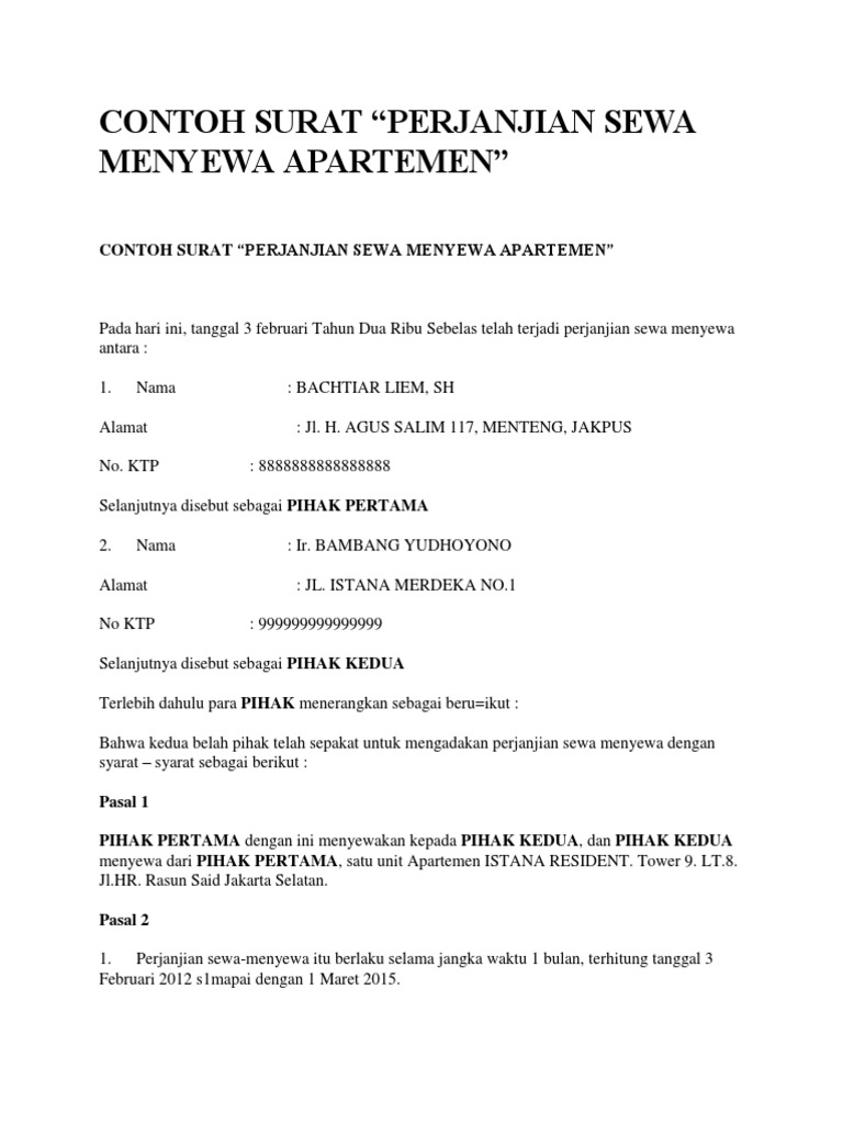 Contoh Surat Perjanjian Sewa Menyewa Apartemen