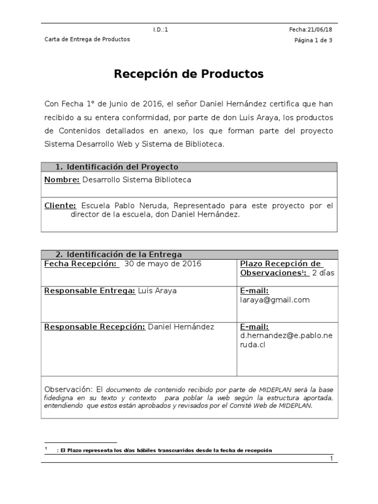 Carta de Entrega de Productos Ejemplo Informática Computadoras