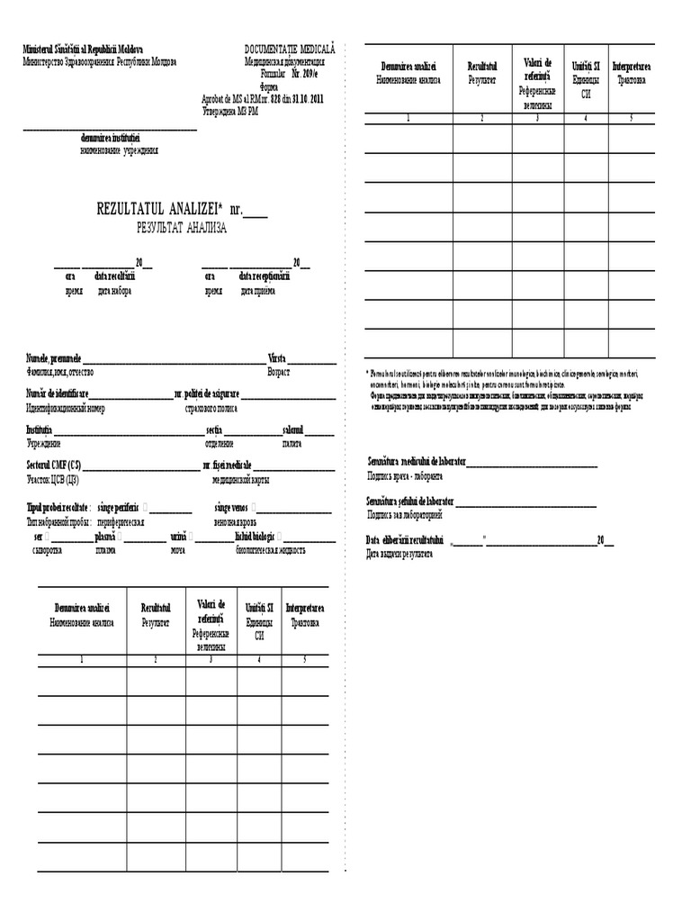 Formular Nr 209e Buletin De Rezultate Analize