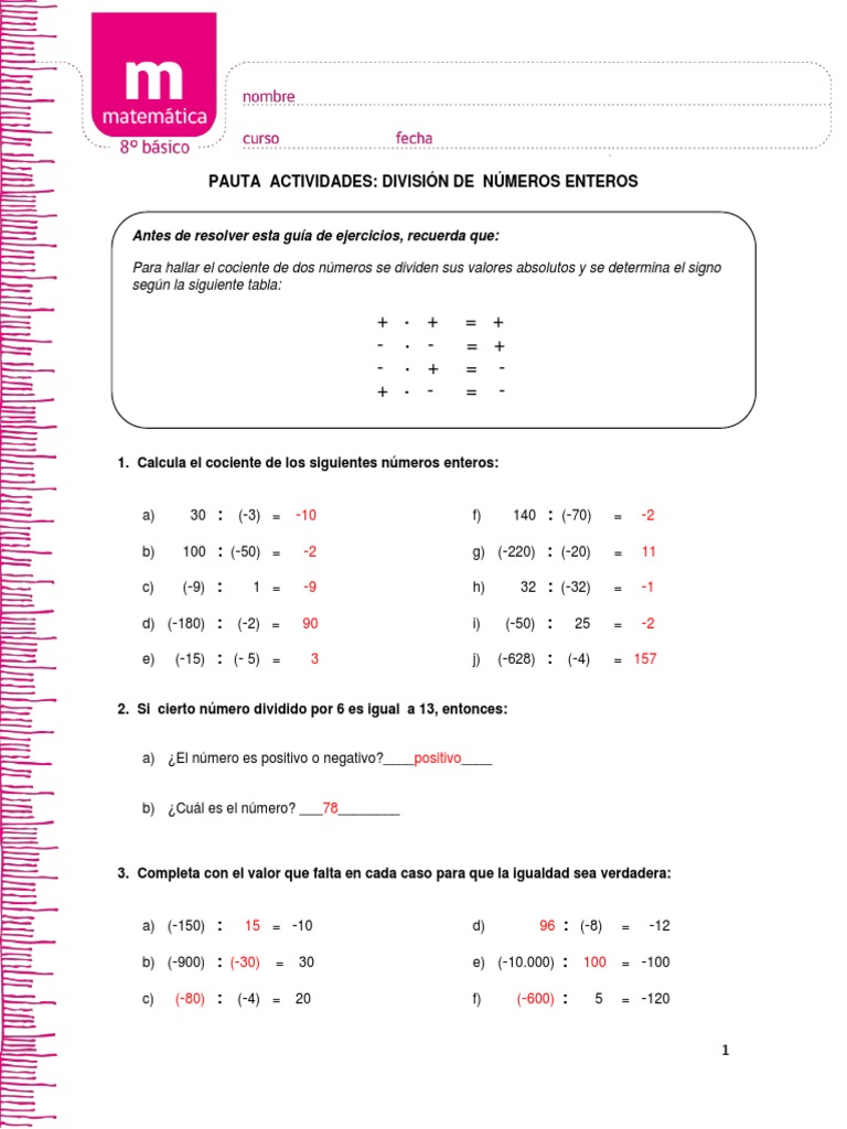 Ejercicios de División de Números Enteros | PDF | División (Matemáticas ...