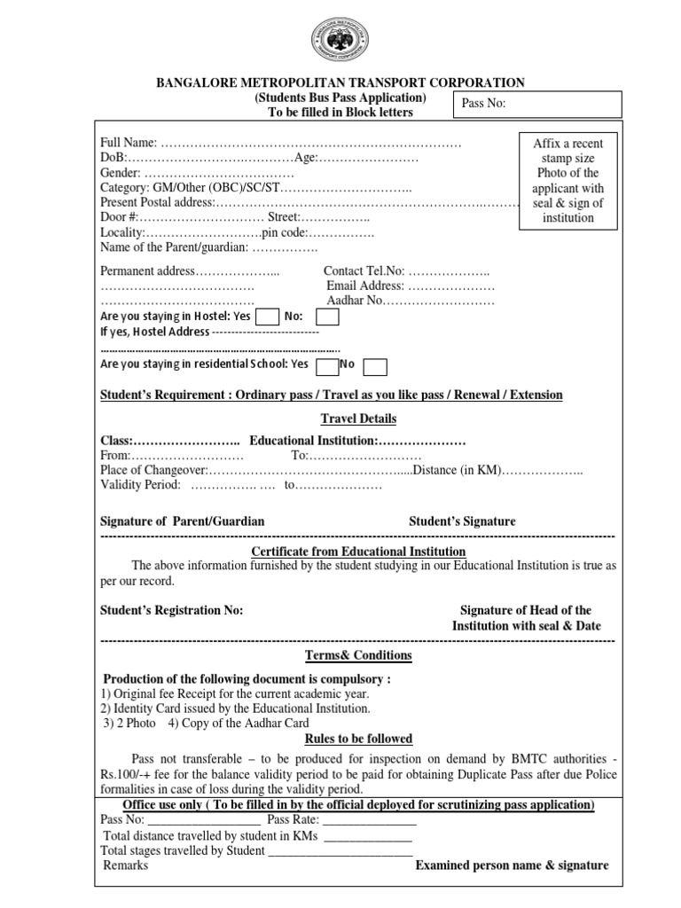BMTC Student Bus Pass Application Form | PDF | Identity Document ...