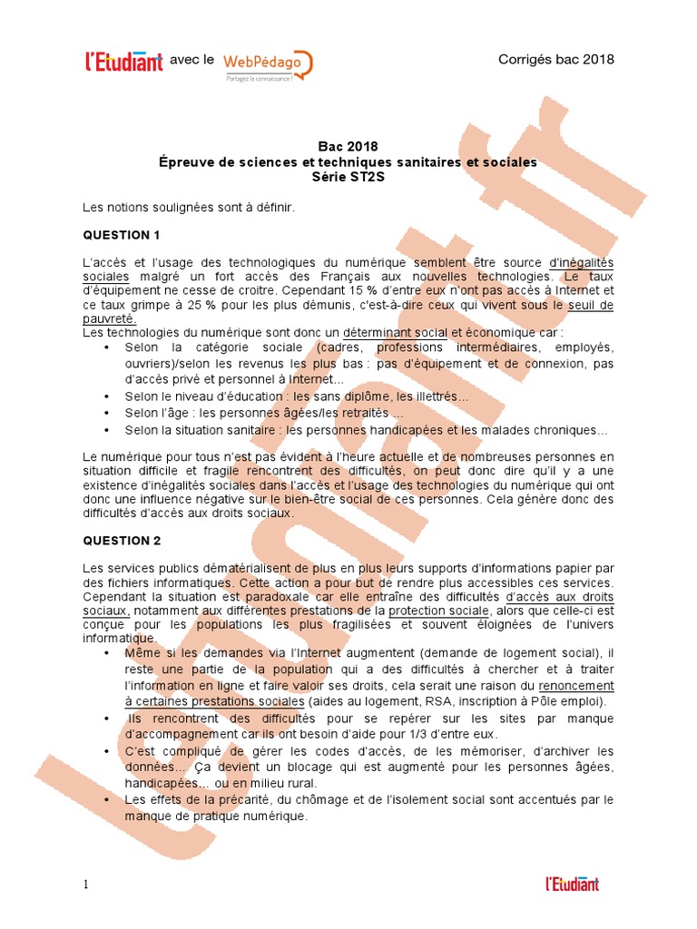 Corrigé Bac St2s 2020 Sciences Et Techniques Sanitaires Et Sociales Bac ST2S 2018 ST2S Corrige | PDF | Données numériques | Invalidité