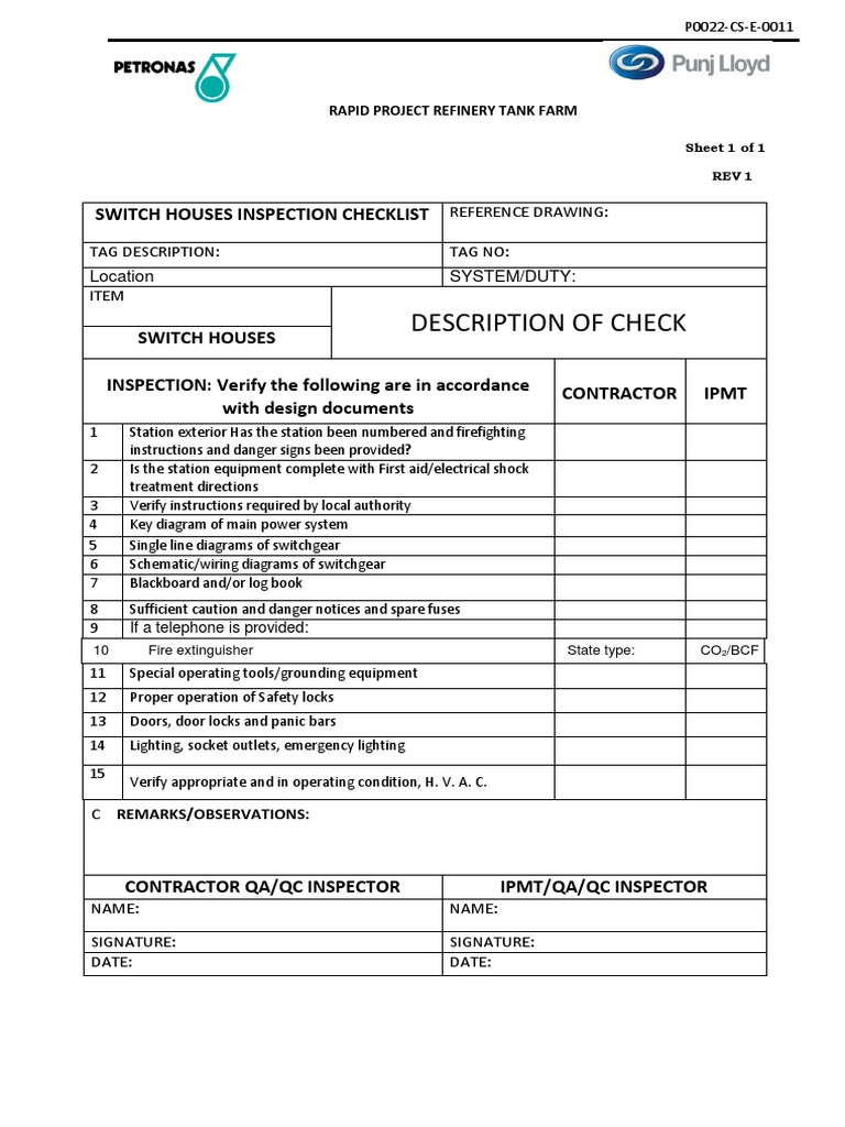Description of Check: Switch Houses Inspection Checklist | PDF | Home ...
